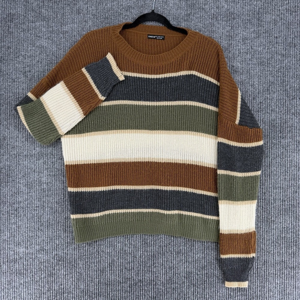 Chunky knit striped crewneck sweater oversized cozy grandpa cottagecore Large